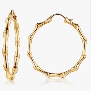NEW 18K Gold Elegant Gold Bamboo Hoop Earrings